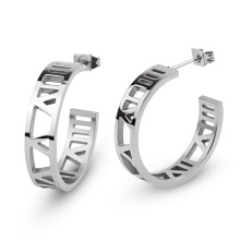 Elegant Ladies Silver Color Stainless Steel Roman Numerals Hoop Stud Earring